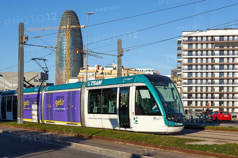 Modern tram of the type Alstom Citadis of Tram Barcelona at the stop Glories public transport public transport transport transport in Barcelona