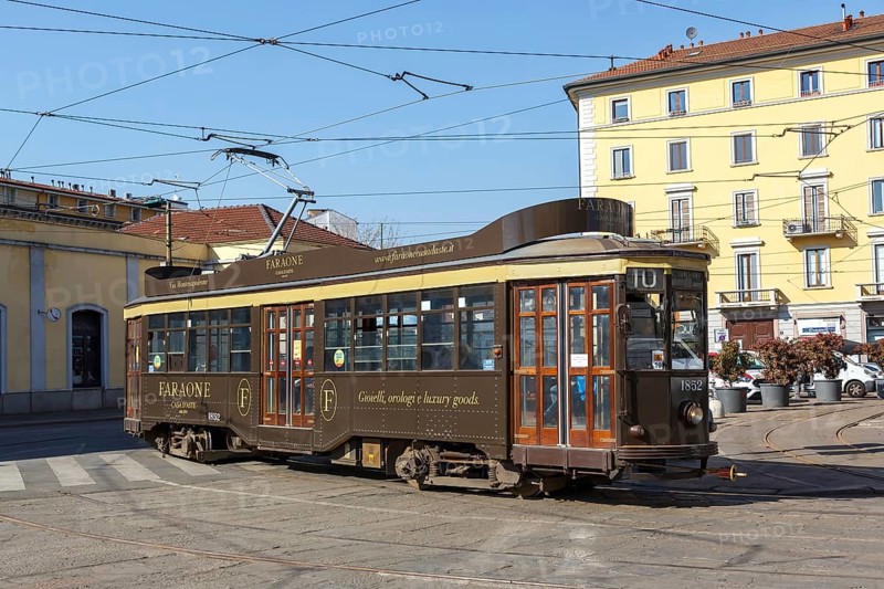 Old tram of the type Ventotto Tram Milano public transport transport transport at the stop Stazione Genova in Milan