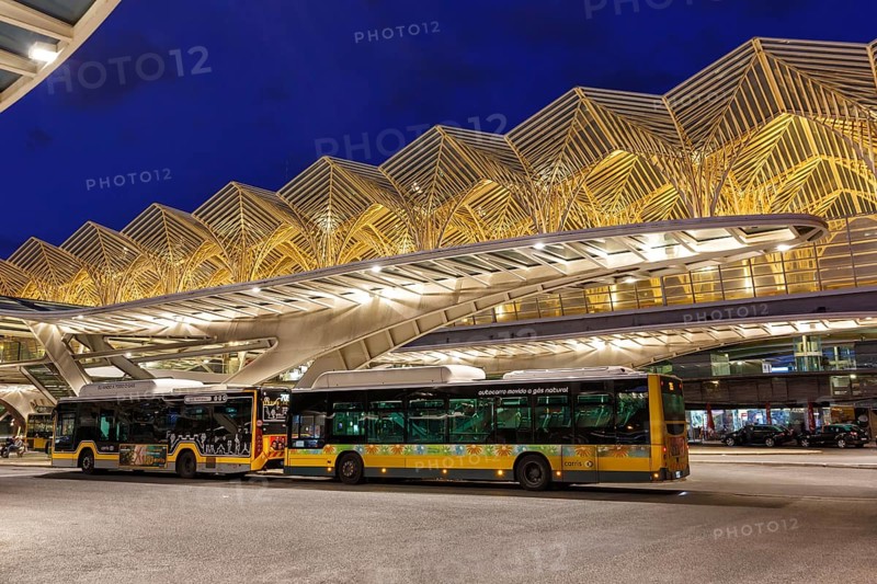 Bus station at Lisbon Lisboa Oriente train station modern railway architecture at night in Lisbon