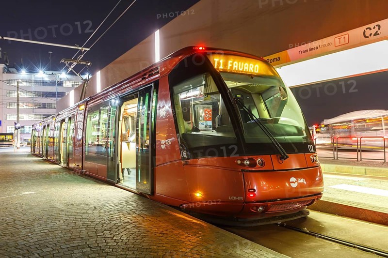 Tram on rubber wheels Tram Venezia of the Translohr type at Piazzale Roma at night in Venice