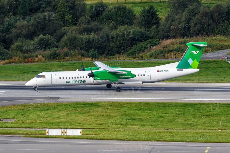 A De Havilland Canada Dash 8 Q400 aircraft of Wideroe with registration LN-WDG at Bergen Airport