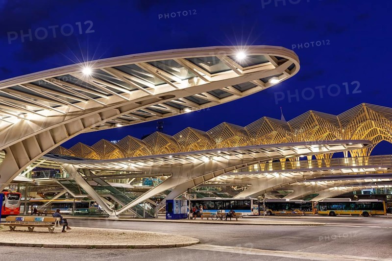 Bus station at Lisbon Lisboa Oriente train station modern railway architecture at night in Lisbon
