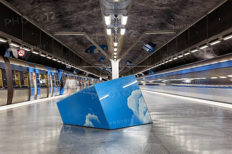 Artfully designed metro tunnelbana underground station stop Solna Strand in Stockholm
