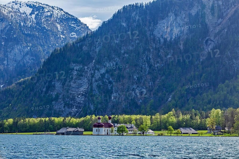 Koningsee lake and St. Bartholomew's Church in Bavarian Alps