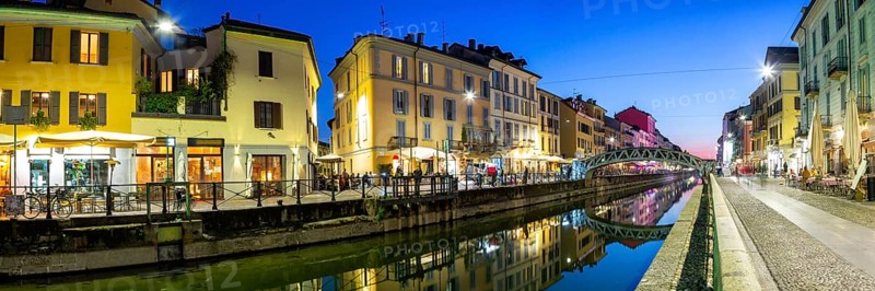 Navigli Milano restaurant and bar quarter holiday travel city blue hour panorama in Milan
