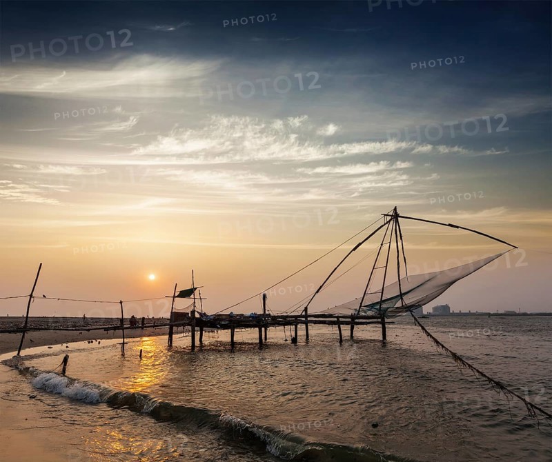 Kochi chinese fishnets on sunset. Fort Kochin