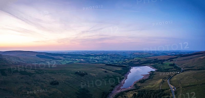 Sunset over Cray Reservoir from a drone