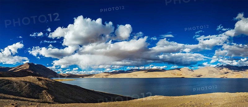 Panorama of Himalayan lake Tso Moriri in Himalayas on sunset