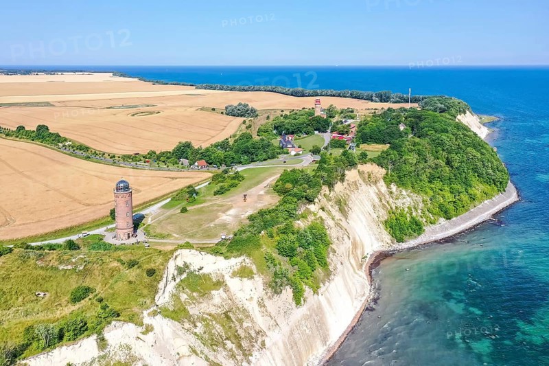 Aerial view of Cape Arkona on the island of Ruegen at the Baltic Sea with lighthouse and chalk cliffs in Cape Arkona