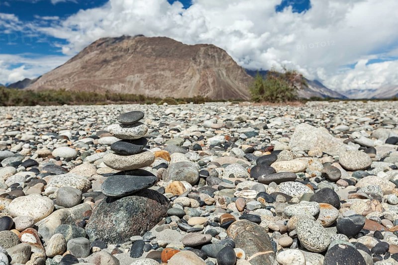 Zen balanced stones stack in Himalayas mountains. Nubra valley