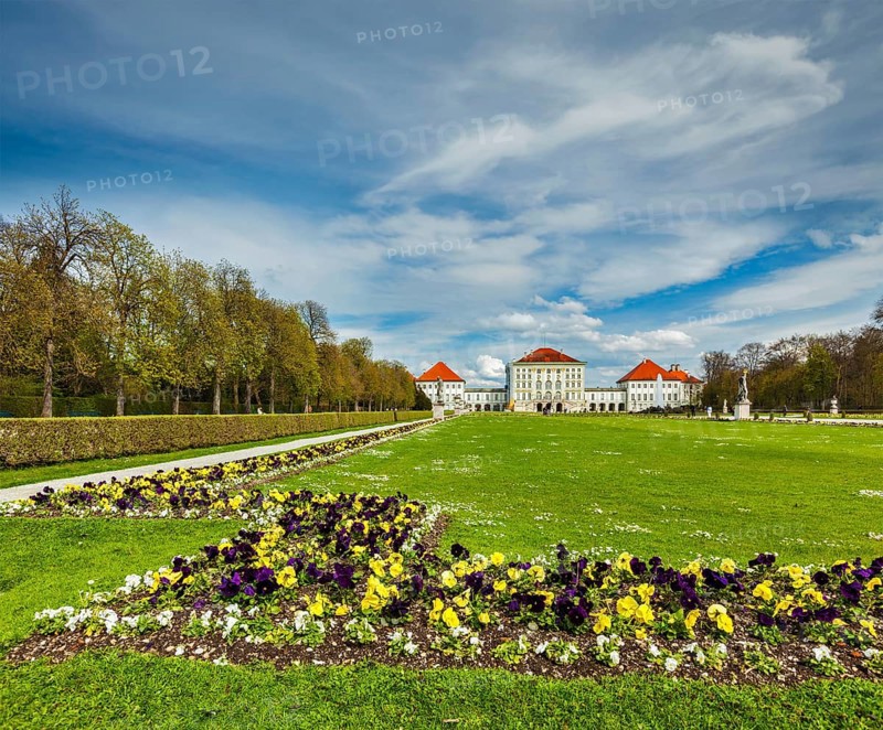 Grand Parterre and the rear view of the Nymphenburg Palace. Munich