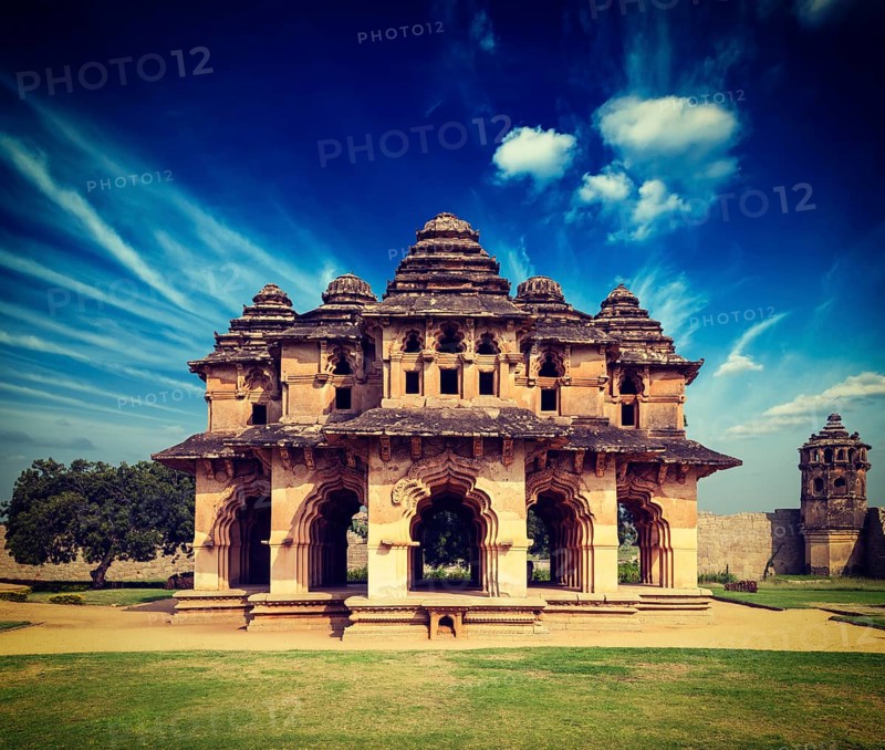 Vintage retro effect filtered hipster style travel image of Lotus Mahal palace ruins. Royal Centre. Hampi
