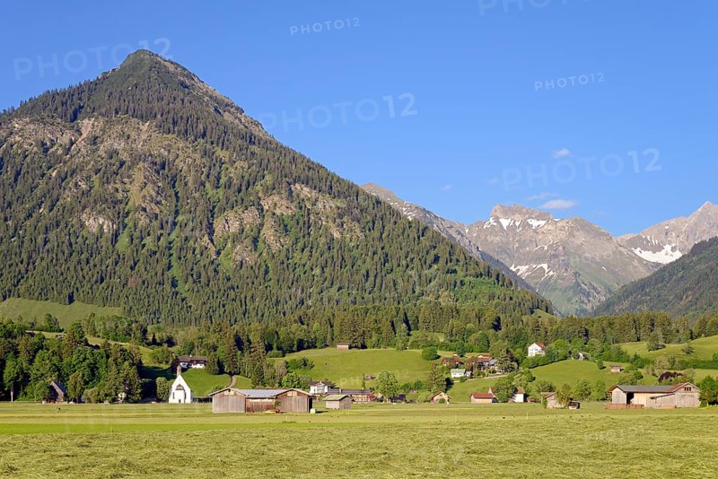 View from the Loretto meadows to the hay harvest and to the mountain Schattenberg 1721m