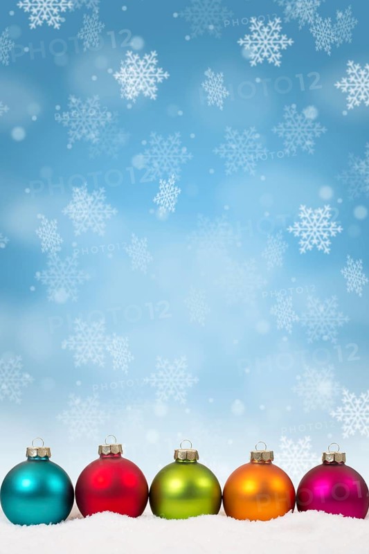 Christmas many colourful Christmas balls decoration snowflakes snow winter text free space in Stuttgart
