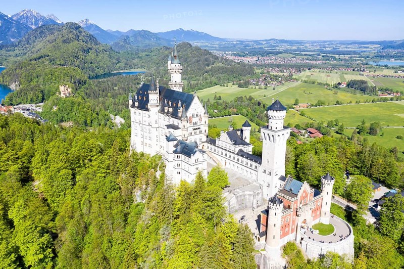 Neuschwanstein Castle Aerial View with Alps Landscape Travel Bavaria in Fuessen
