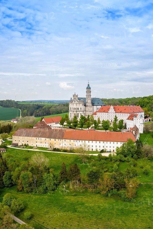 Abbey baroque church aerial view in Neresheim