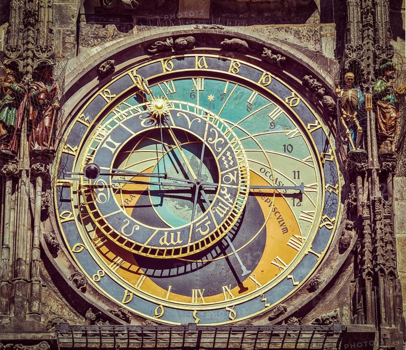 Vintage retro hipster style travel image of astronomical clock on Town Hall. Prague