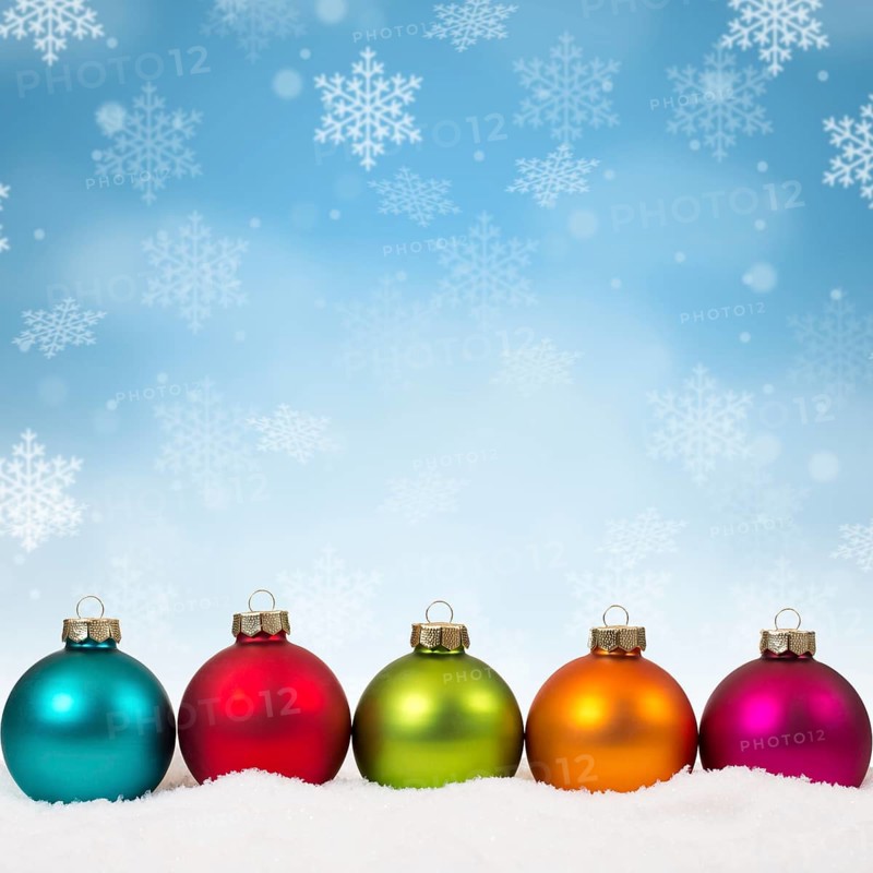 Christmas many colourful Christmas balls square snowflakes snow winter text free space in Stuttgart