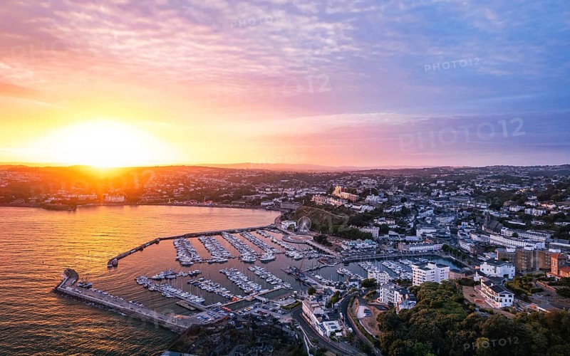 Sunset over Torquay Marina from a drone