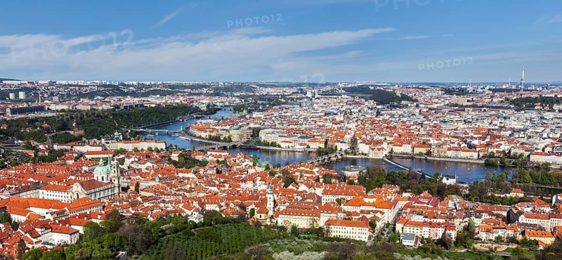 Aerial view of Charles Bridge over Vltava river and Old city from Petrin hill Observation Tower. Prague