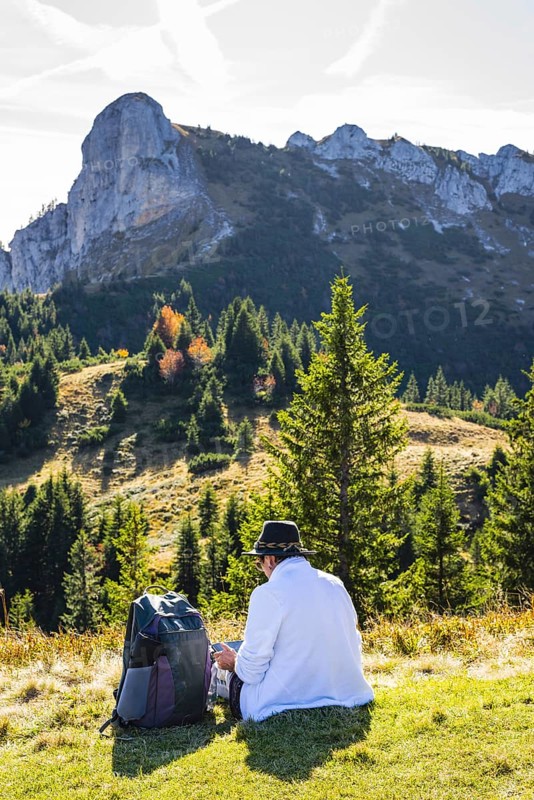 Mountain hiker taking a break