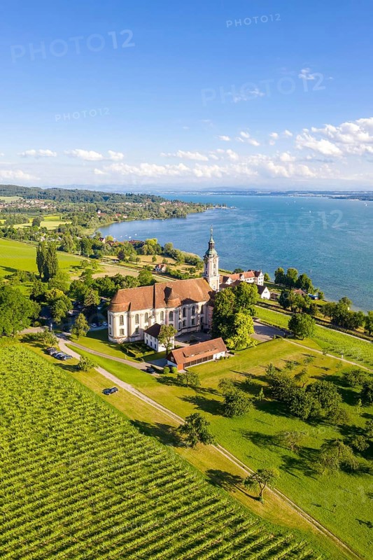 Cistercian monastery at Lake Constance baroque pilgrimage church aerial view in Birnau