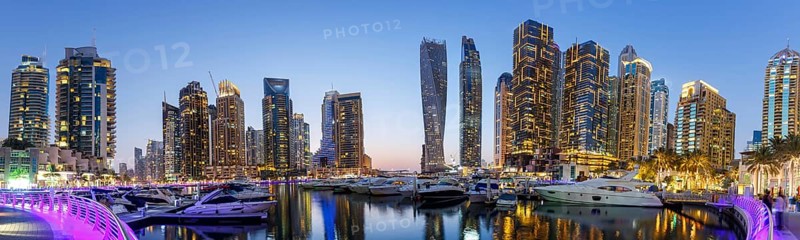 Dubai Marina Yacht Harbour Skyline Architecture Panorama Holiday by Night Panorama in Dubai