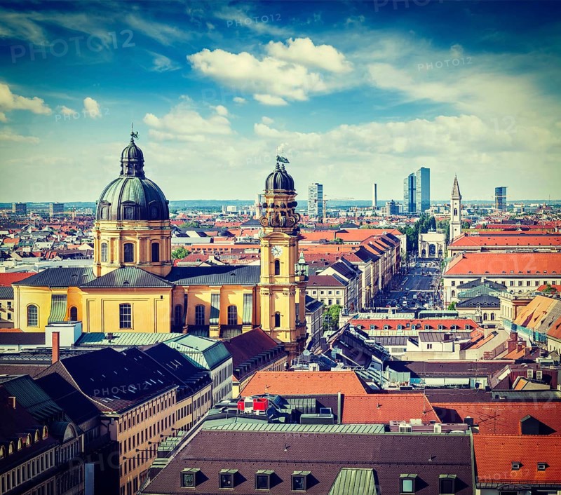 Vintage retro effect filtered hipster style travel image of aerial view of Munich over Theatine Church of St. Cajetan Theatinerkirche St. Kajetan and Odeonplatz