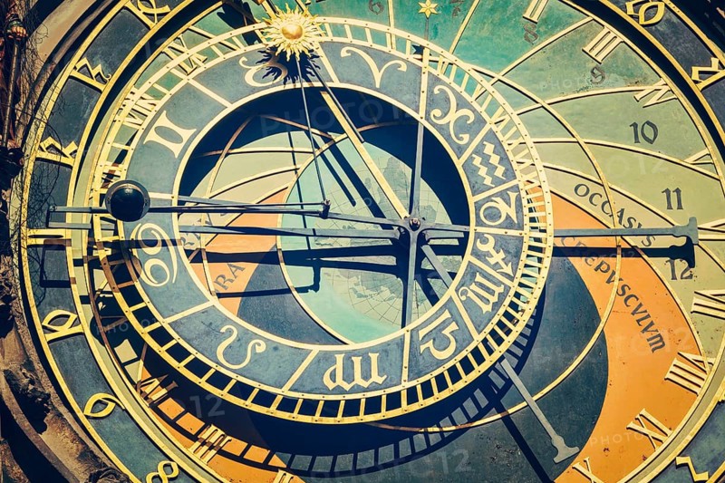 Vintage retro hipster style travel image of astronomical clock on Town Hall. Prague