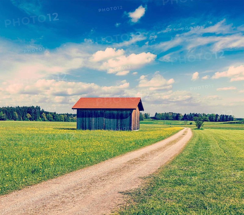Vintage retro effect filtered hipster style image of rural road in summer meadow with wooden shed. Bavaria