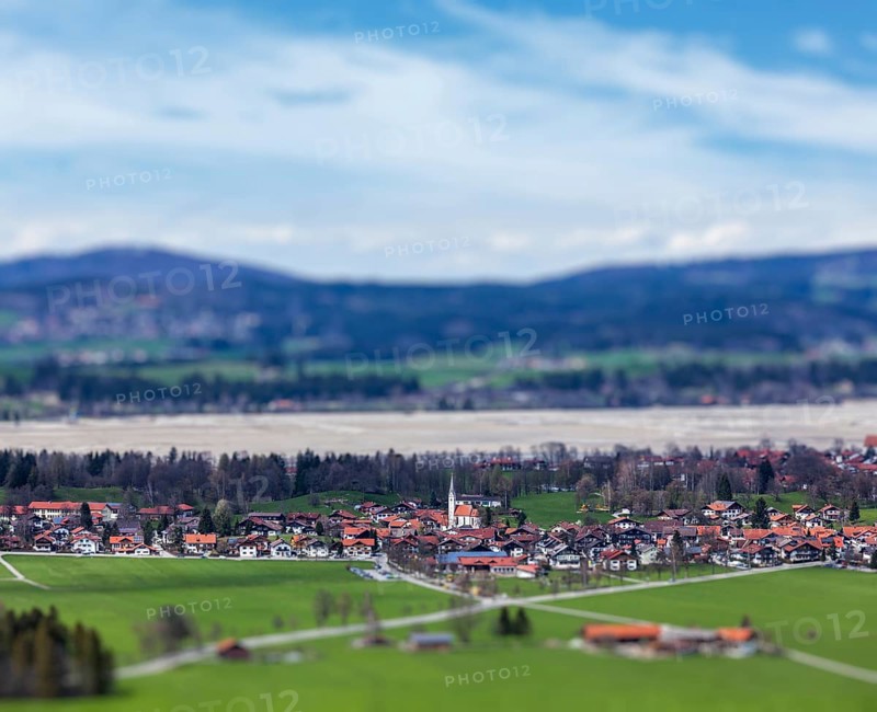German countryside and village with tilt shift toy effect shallow depth of field. Bavaria