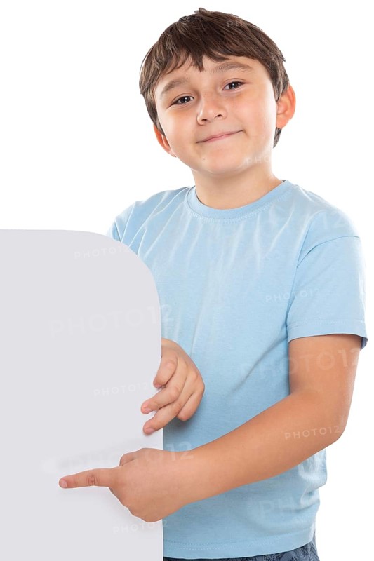Child Boy Pointing to Advertising Marketing Blank Sign with Text Free Space Copyspace isolated in Stuttgart