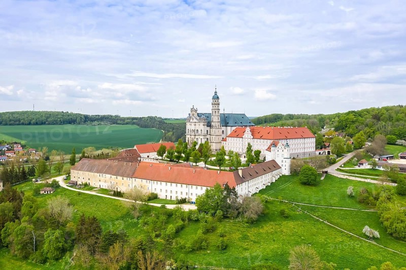 Abbey baroque church aerial view in Neresheim