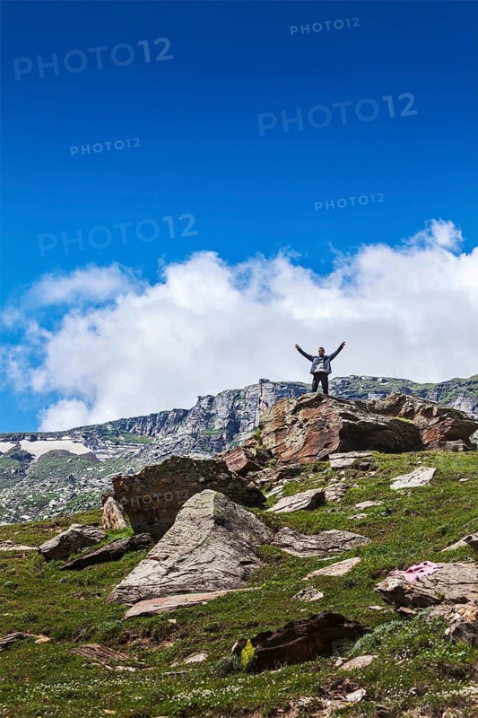 Happy tourist in mountains Himalayas