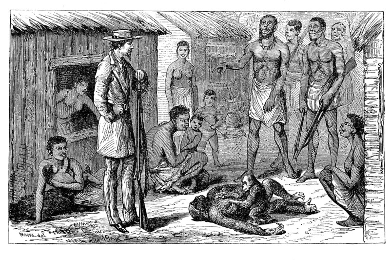 Natives standing in front of a hunter who shot a gorilla that had a cub