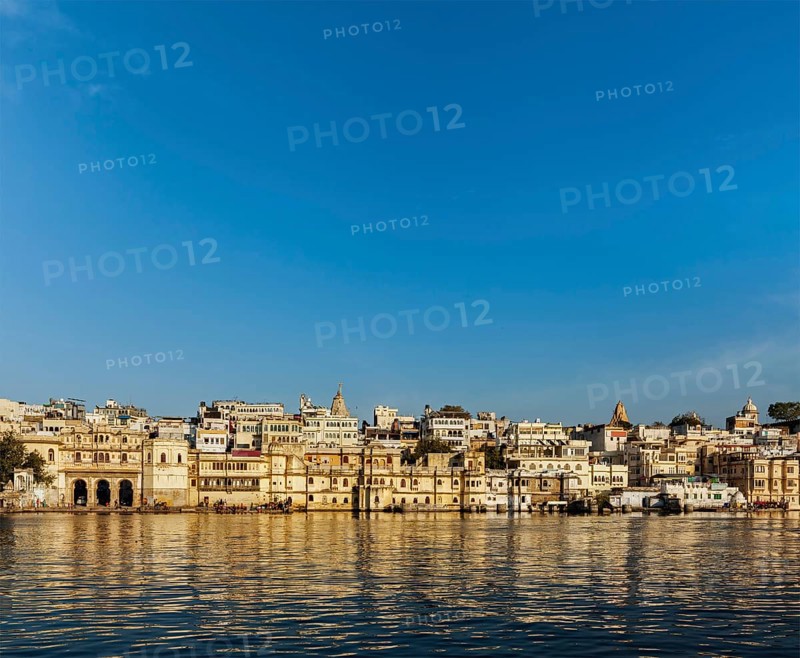 Udaipur houses and ghats on lake Pichola. Udaipur