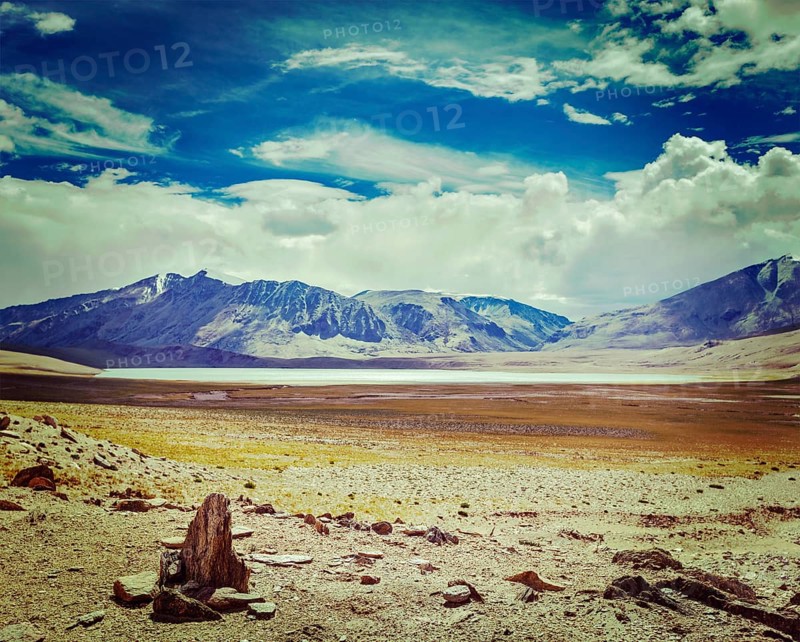 Vintage retro effect filtered hipster style travel image of Himalayan lake Kyagar Tso