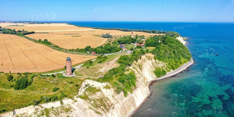 Aerial view of Cape Arkona on the island of Ruegen at the Baltic Sea with lighthouse and chalk cliff panorama in Cape Arkona