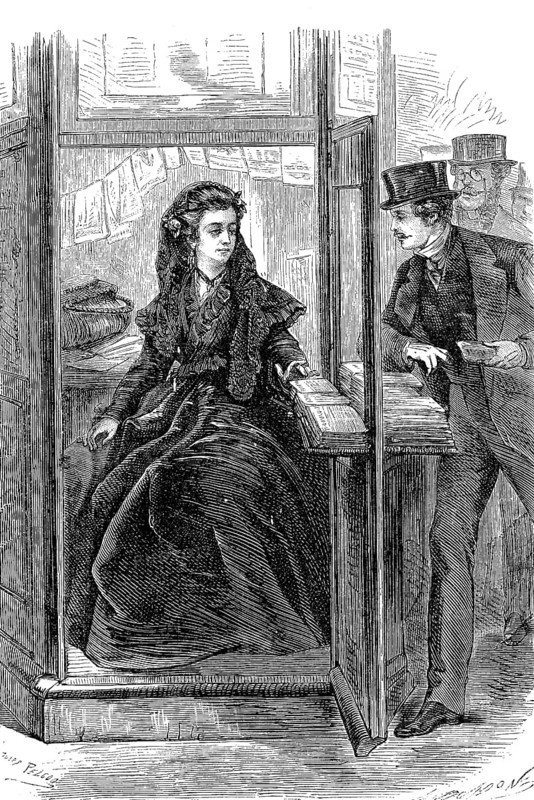 Newspaper seller in a small kiosk in 1869