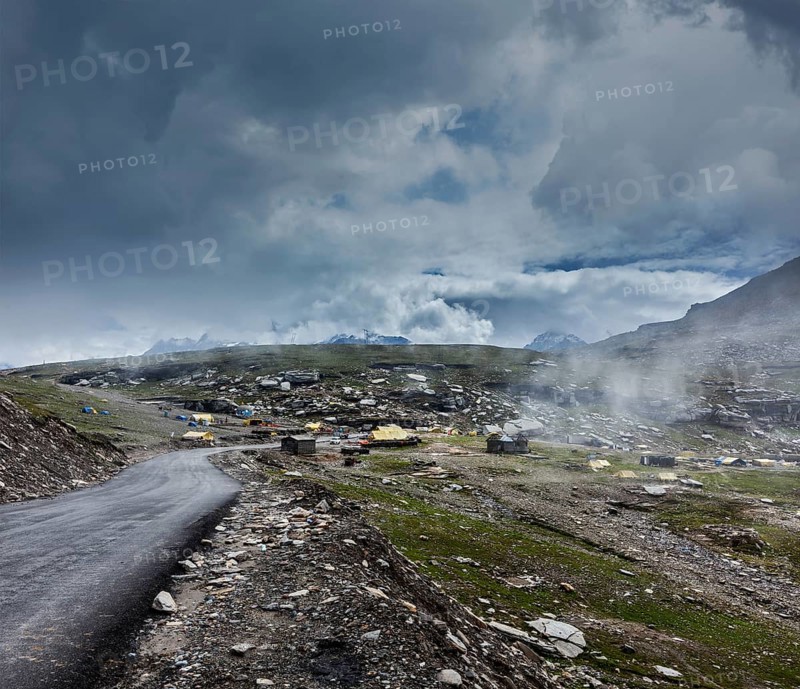 Road in Himalayas on top of Rohtang La pass