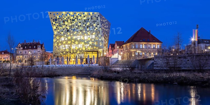Forum and River Rems at Night Holiday Travel Panorama in Schwaebisch Gmuend