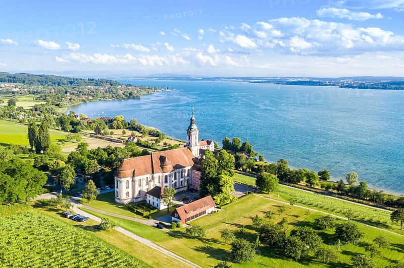 Cistercian monastery at Lake Constance baroque pilgrimage church aerial view in Birnau
