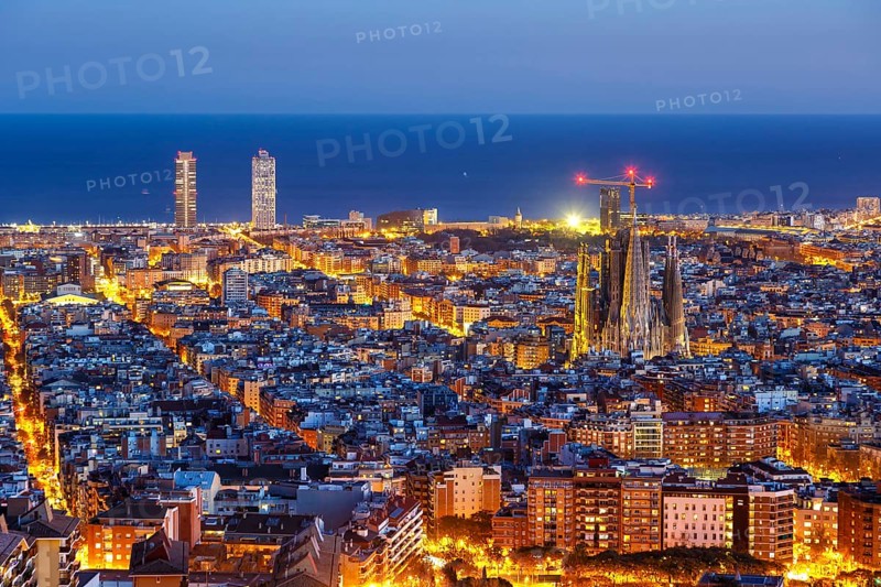 Skyline city overview with Sagrada Familia church in Barcelona