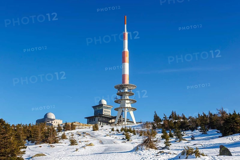 Summit of the Brocken mountain in the Harz mountains with snow in winter at the Brocken