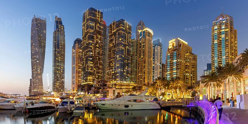 Dubai Marina Yacht Harbour Skyline Architecture Panorama Holiday by Night Panorama in Dubai