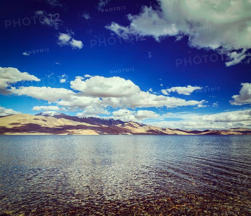 Vintage retro effect hipster style travel image of Himalayan lake in Himalayas Tso Moriri