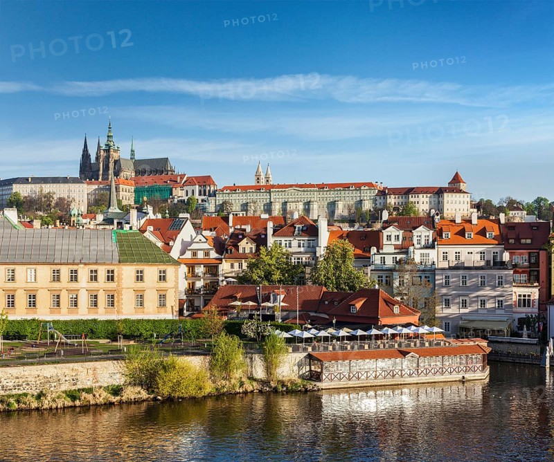 View of Mala Strana and Prague castle over Vltava river. Prague