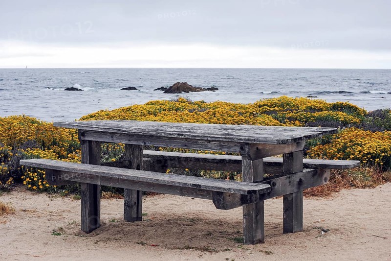 Wooden table and bench near the ocean on 7 Mile Drive. 17 Mile Drive is a scenic road through Pebble Beach and Pacific Grove on the Monterey Peninsula in Northern California