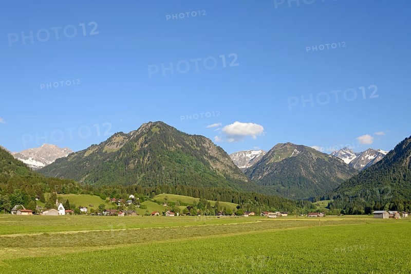 View from the Loretto meadows to the hay harvest and the mountains Schattenberg 1721 m