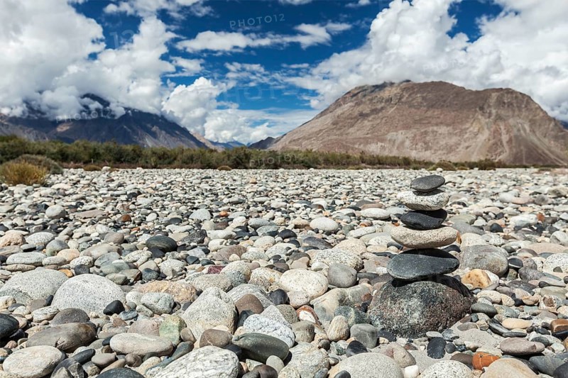 Zen balanced stones stack in Himalayas mountains. Nubra valley